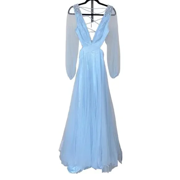 NWT MAC DUGGAL Ice Blue Sheer Long Sleeve Open Back High Slit Gown Prom  Women's